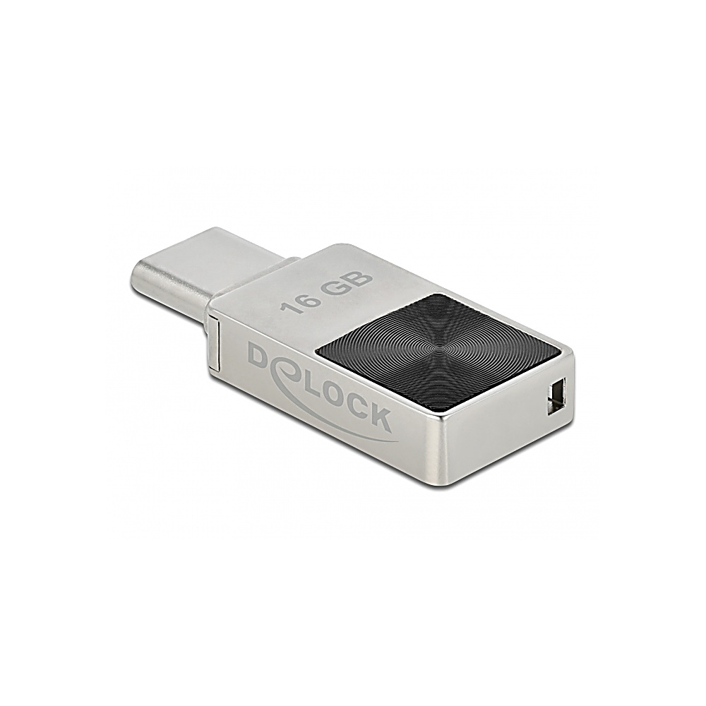 Una chiavetta USB argentata con un top nero a motivi. Ha un connettore USB-C e le scritte '16 GB' e 'DeLOCK' stampate sopra.