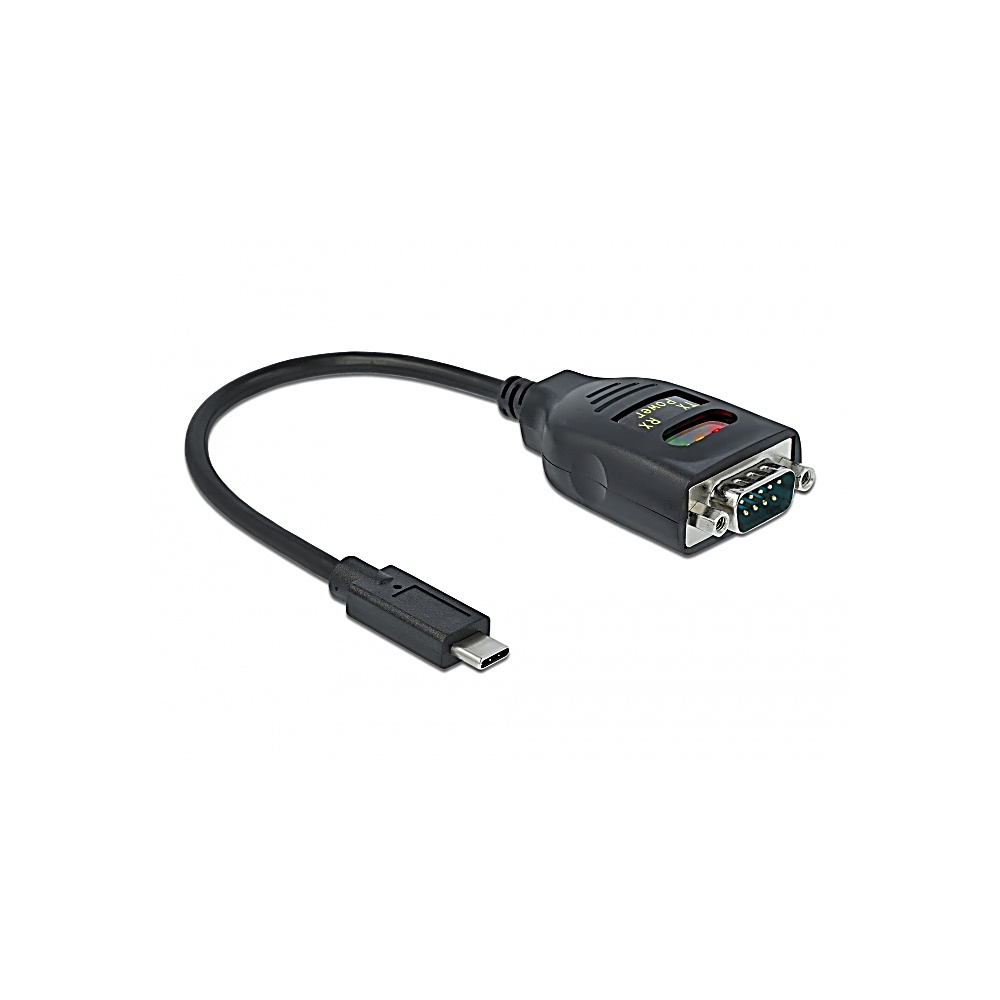 Czarny kabel adaptera z złączem USB-C na jednym końcu i złączem portu szeregowego na drugim, na białym tle.