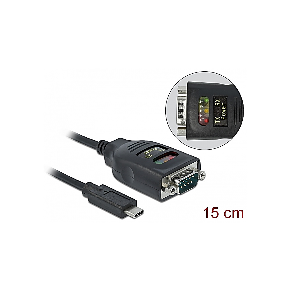 Czarny kabel USB-C na szeregowy. Pokazuje złącze z pinami, większe złącze szeregowe i mały wyświetlacz.