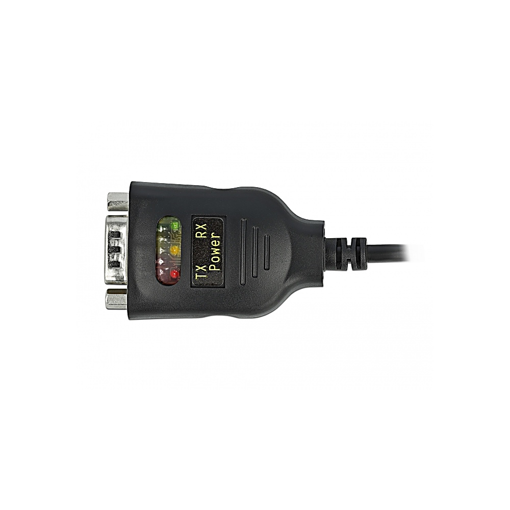 Czarny adapter portu szeregowego ze srebrnym złączem. Posiada wskaźniki LED dla TX, RX i zasilania. Czarny kabel wychodzi z obudowy.