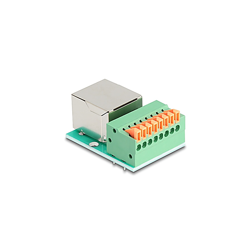 Komponent elektroniczny z zieloną podstawą, srebrną metalową obudową i zieloną listwą zaciskową z pomarańczowymi złączami.