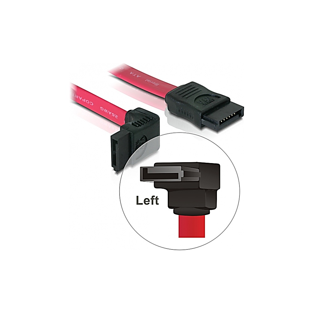 Obrazek przedstawia kable SATA z czerwonymi przewodami i czarnymi złączami. Obecny jest również powiększony widok złącza z etykietą "Lewo".