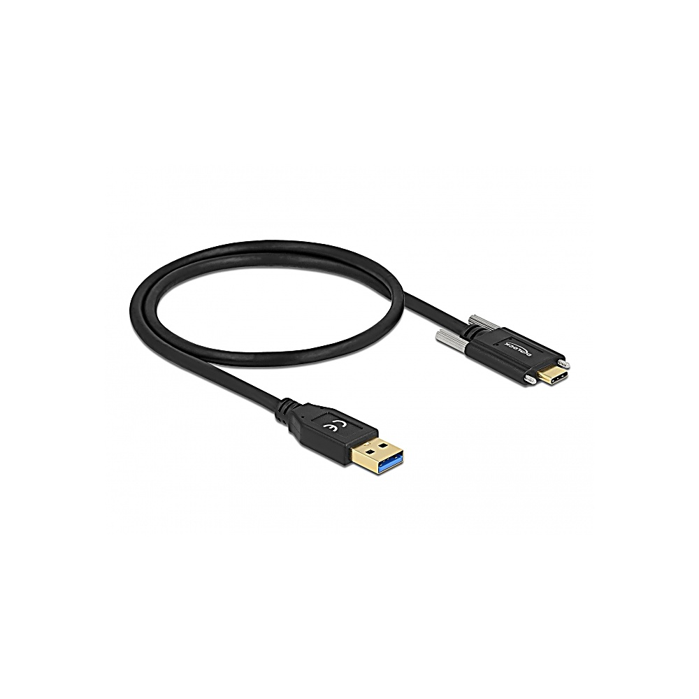 Un cavo USB nero con connettore USB-A e connettore USB-C, curvo su sfondo bianco.