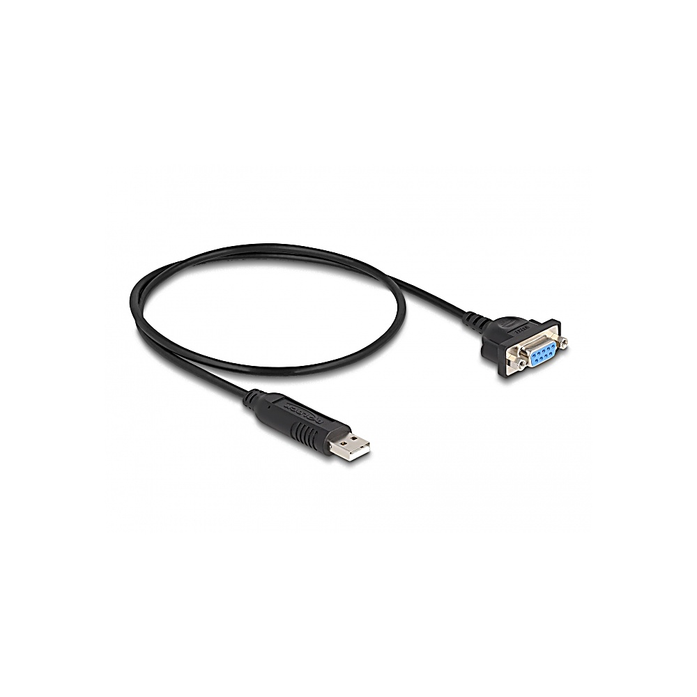 Czarny kabel adaptera USB na szeregowy. Jeden koniec ma złącze USB, drugi złącze portu szeregowego.