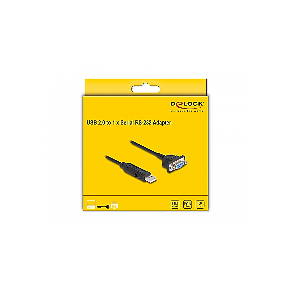 Żółte pudełko z adapterem USB na port szeregowy. Adapter ma złącze USB na jednym końcu i port szeregowy na drugim.