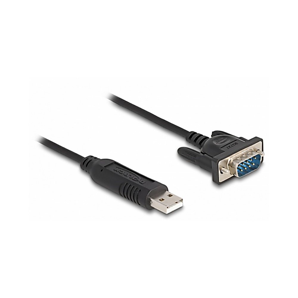 Czarny kabel USB do szeregowego. Złącze USB po lewej, złącze szeregowe po prawej. Oba złącza są czarne.