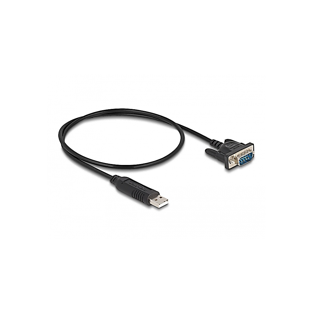 Czarny kabel USB do szeregowego na białym tle. Końcówka USB po lewej, złącze szeregowe po prawej.