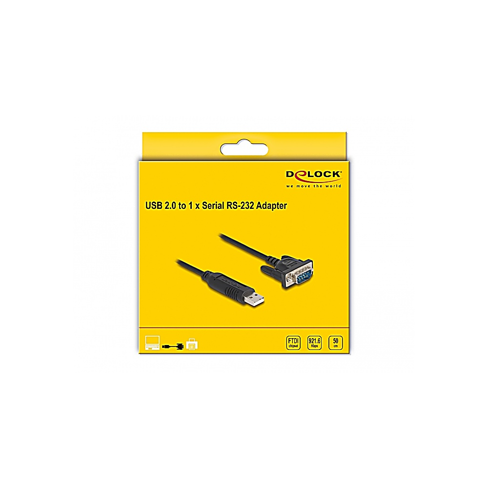 Żółte pudełko przedstawia adapter USB 2.0 na szeregowy RS-232. Adapter ma złącze USB i złącze portu szeregowego.