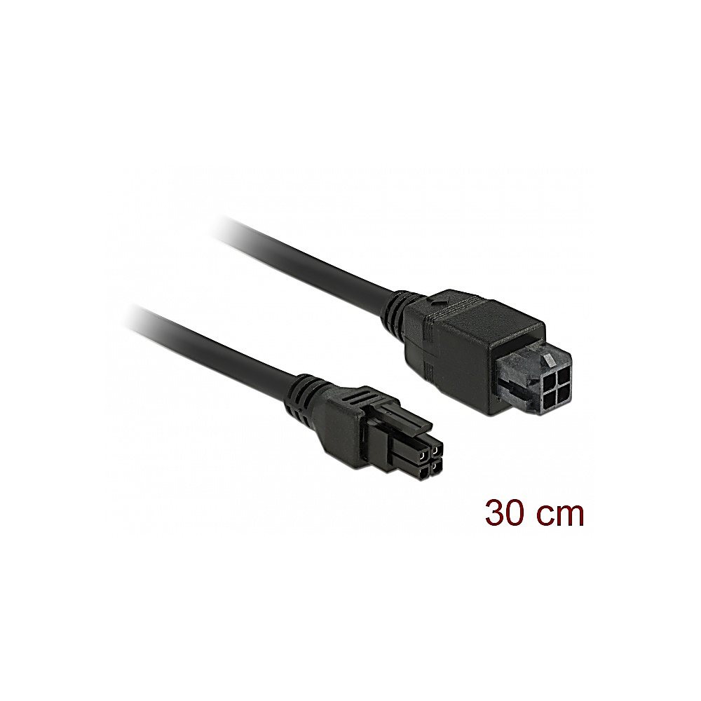 Czarny kabel zasilający z dwoma złączami, jednym z czterema pinami, a drugim z pasującym gniazdem z czterema otworami. Długość 30 cm.