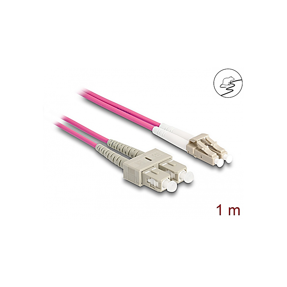 Dos cables de fibra óptica con cubiertas rosas y conectores beige se muestran sobre un fondo blanco. Hay una etiqueta de 1 m.