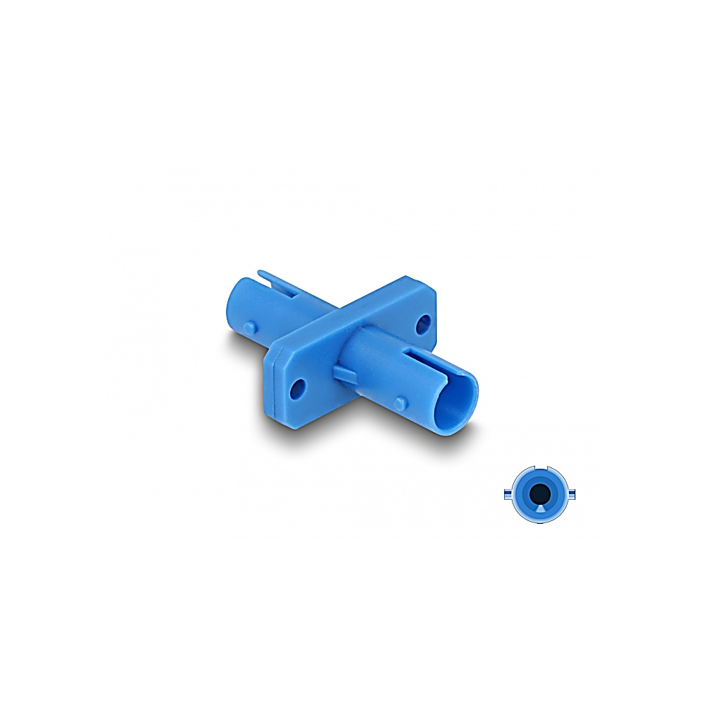 Un connettore in fibra ottica blu su sfondo bianco. Ha due porte cilindriche e una sezione rettangolare centrale.
