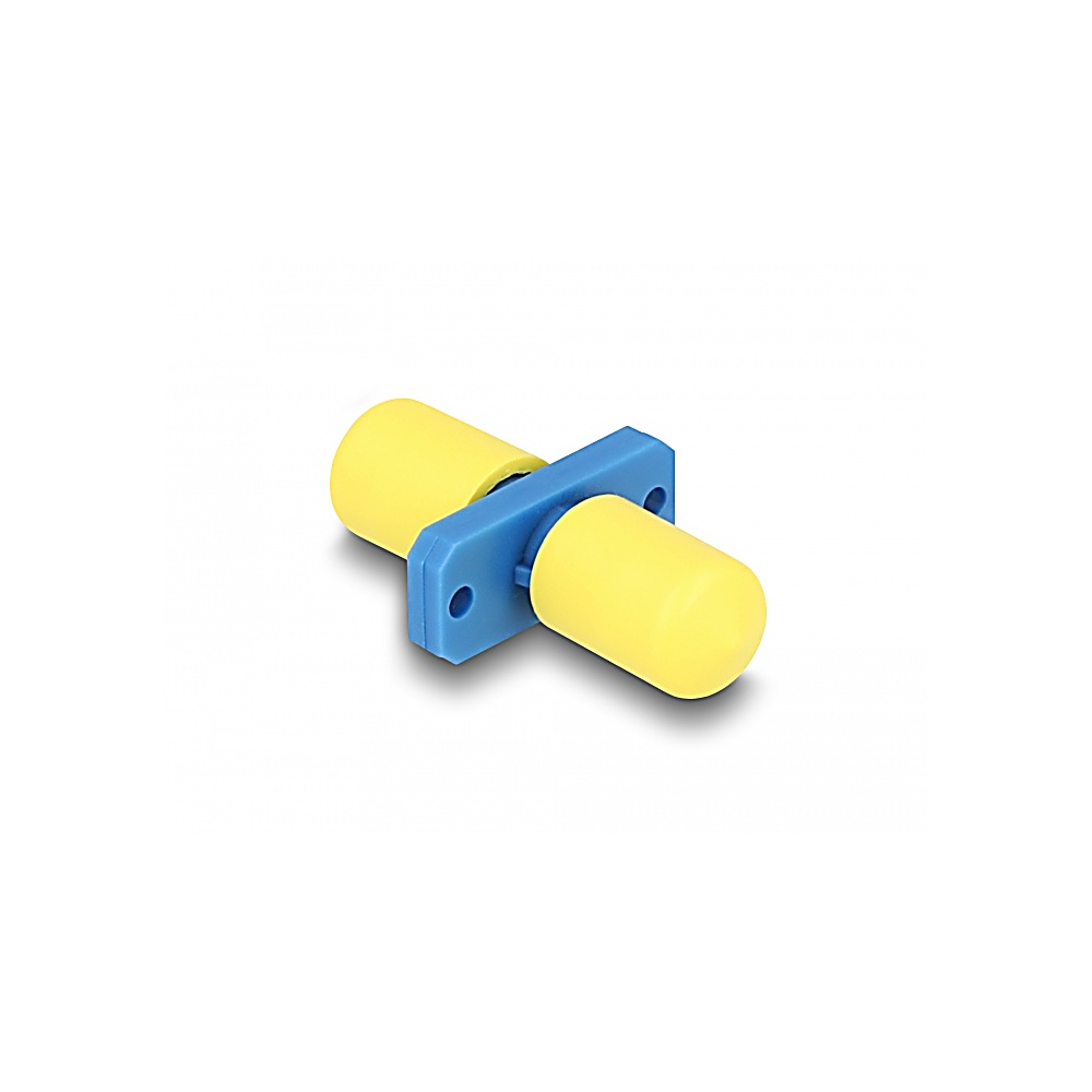 Un adattatore per fibra ottica blu e giallo. Ha due cilindri gialli collegati da un pezzo rettangolare blu. Lo sfondo è bianco.