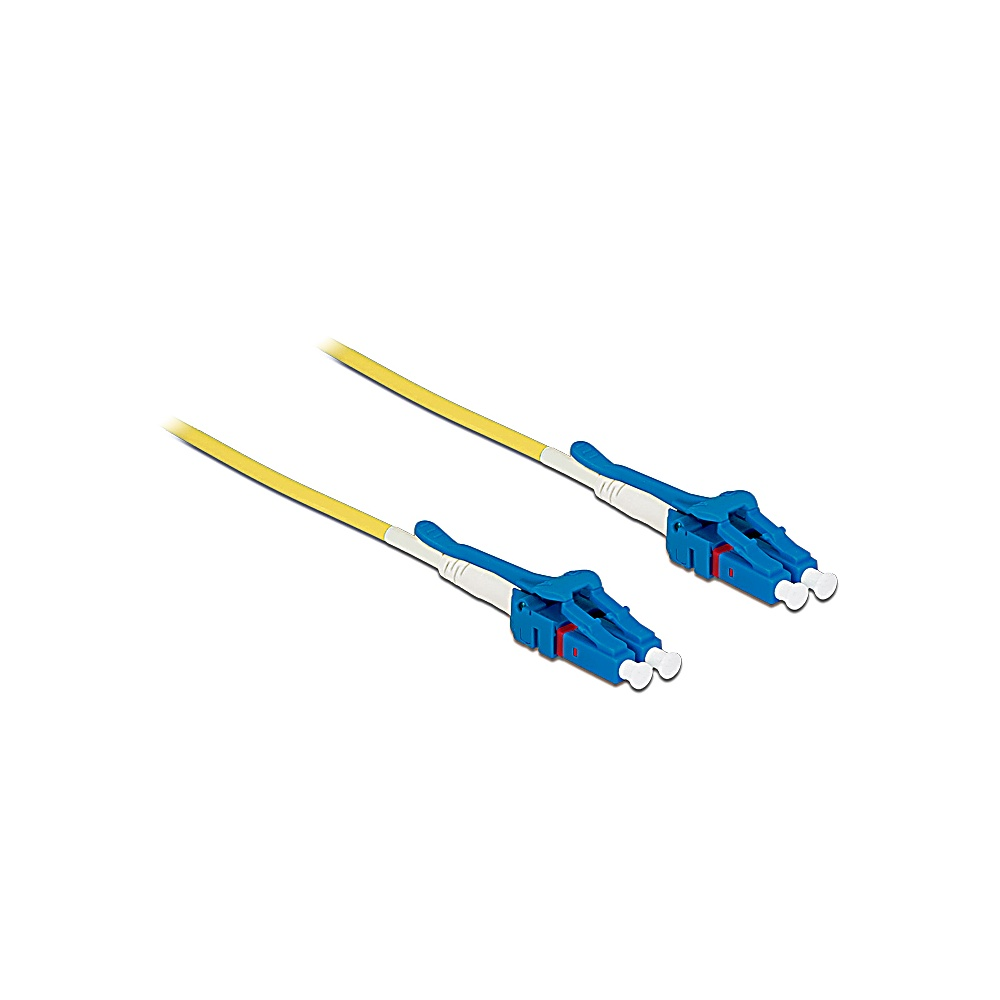 Due cavi in fibra ottica con fili gialli e connettori blu su sfondo bianco.