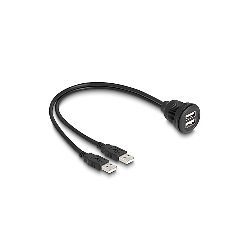 Un adattatore USB nero con due porte USB e due connettori USB, su sfondo bianco. L'adattatore e i cavi sono neri.