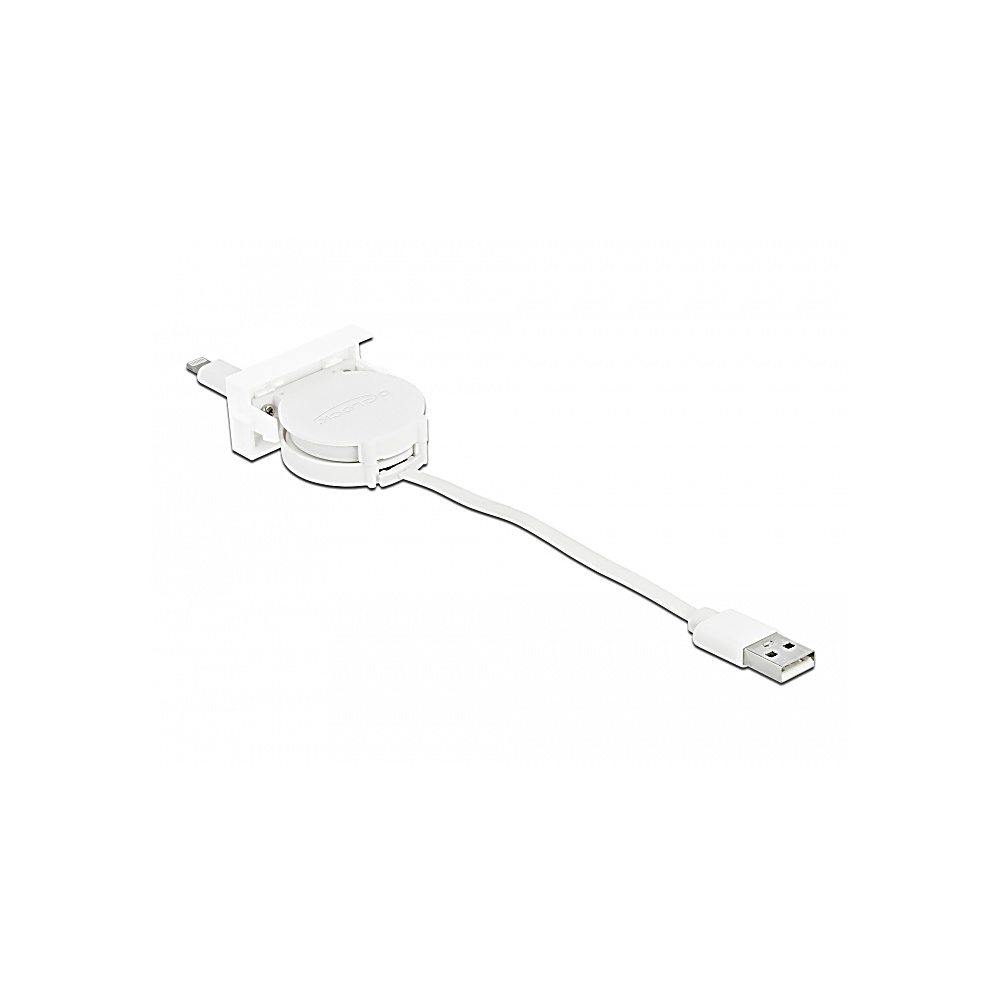Un cavo di ricarica retrattile bianco, con un'estremità USB e un connettore Lightning, su sfondo bianco.