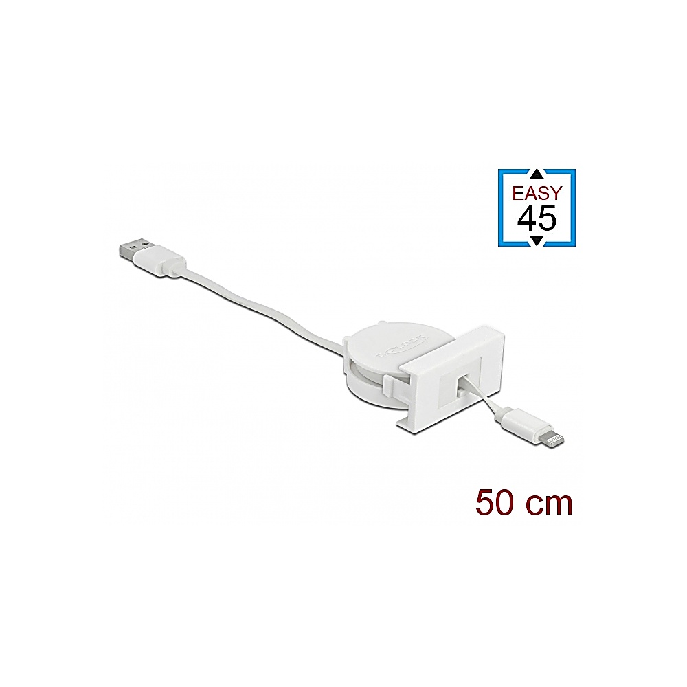 Cavo di ricarica retrattile bianco con connettori USB e Lightning. Visibile un logo blu Easy 45 e la scritta 50 cm.