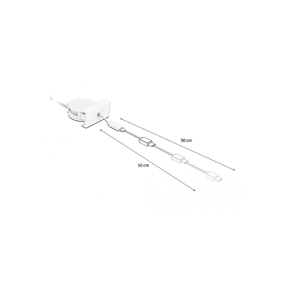 Cavo bianco con più connettori e un avvolgicavo. Le frecce indicano lunghezze di 50 cm. Lo sfondo è bianco.