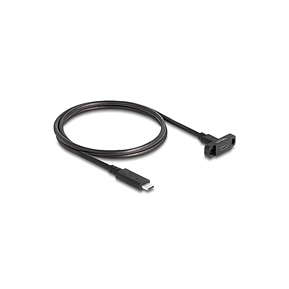 Un cavo USB-C nero con un connettore a ciascuna estremità e un supporto a pannello su sfondo bianco.