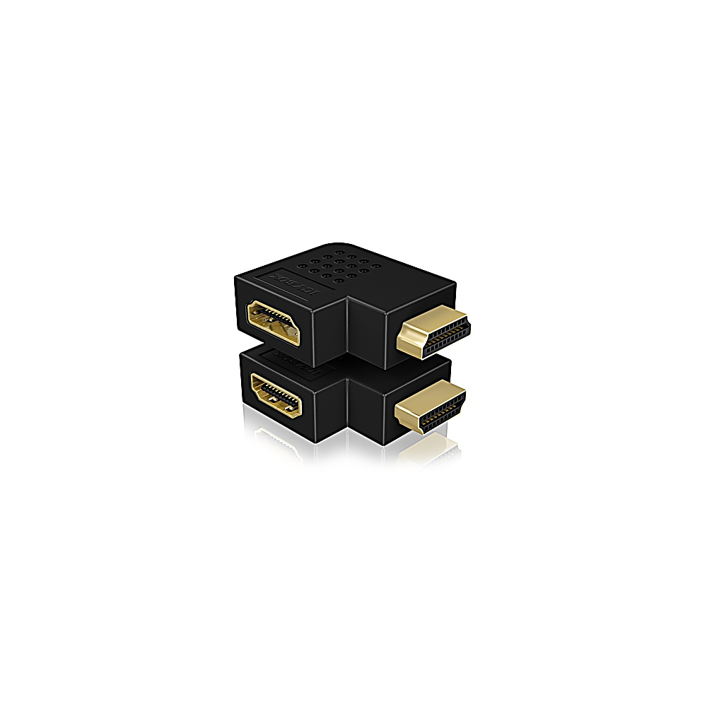 Due adattatori HDMI neri impilati. Ognuno ha connettori dorati e sono angolati a 90 gradi. Sfondo bianco.