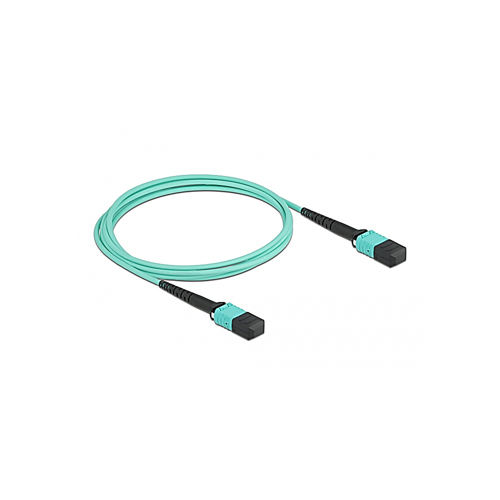 Un cavo in fibra ottica turchese con connettori neri su sfondo bianco. I connettori hanno dettagli turchesi e neri.