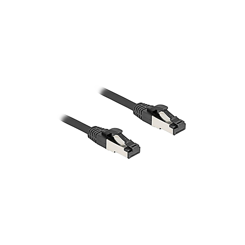 Due cavi di rete neri con connettori RJ45. I connettori sono argento e neri, lo sfondo è bianco.