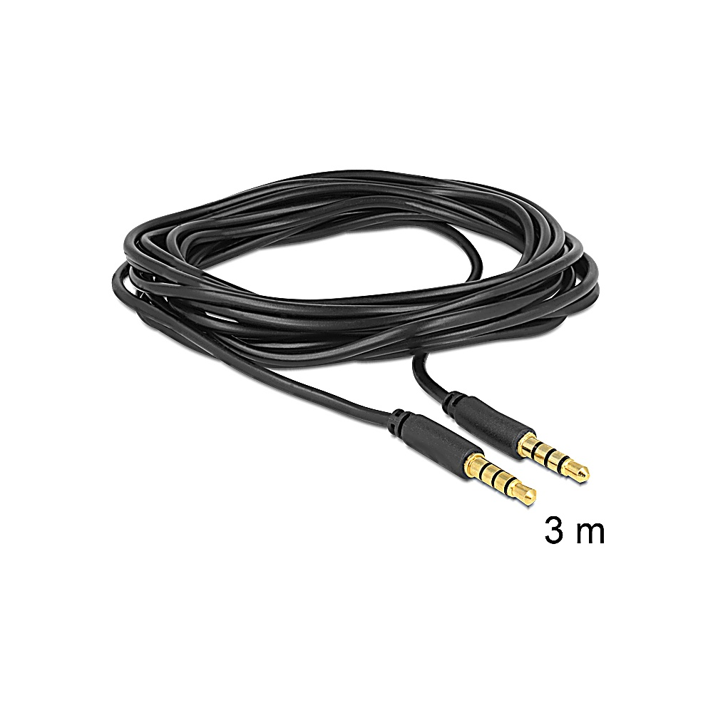 Cable de audio negro, enrollado, con dos conectores jack de 3,5 mm con punta dorada. El cable está etiquetado '3 m'.
