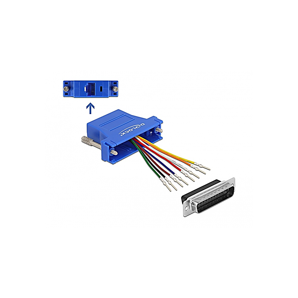 Connettore D-Lock blu con fili, un connettore separato e un piccolo connettore blu sopra, il tutto su sfondo bianco.