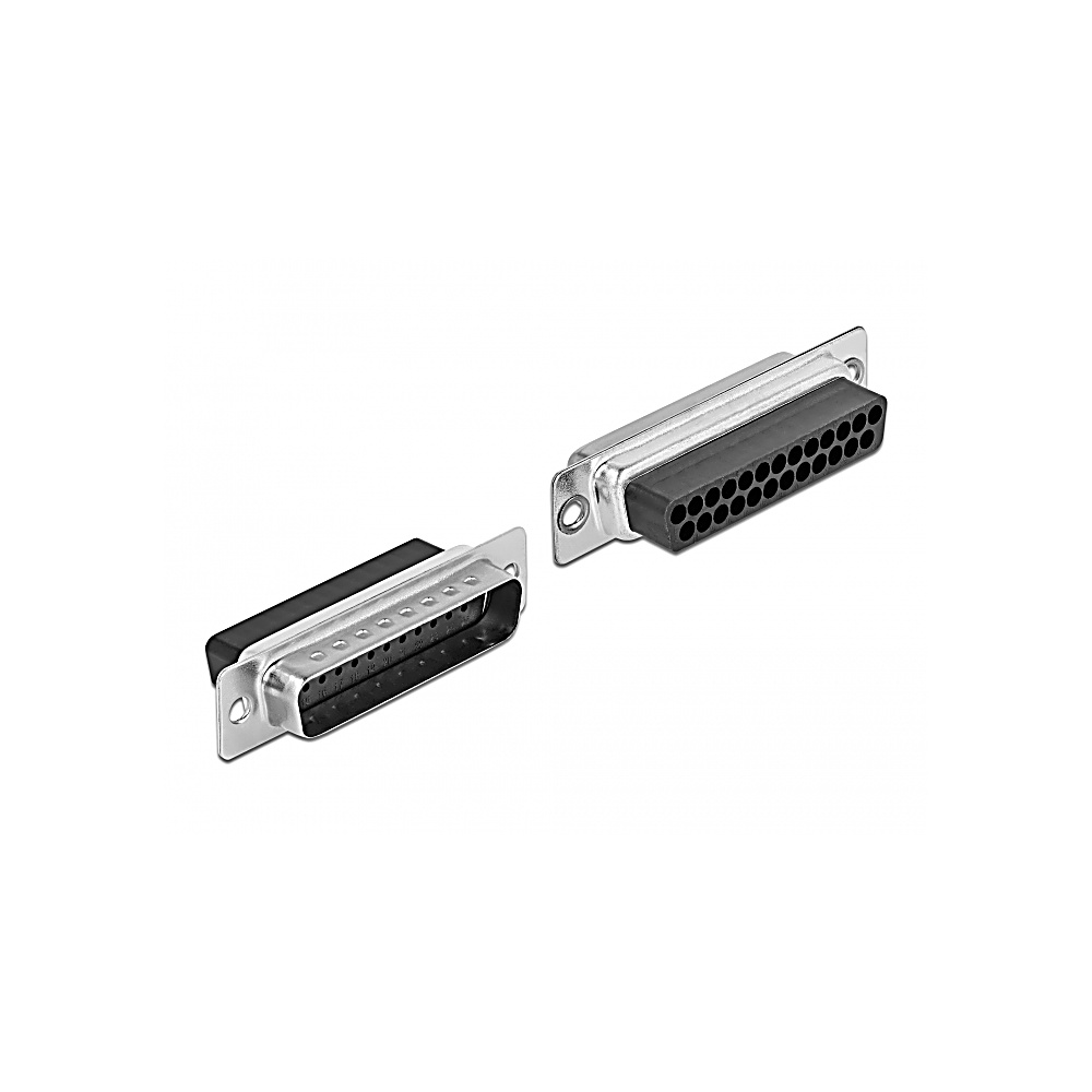 Due connettori D-sub su sfondo bianco. Ognuno ha un involucro metallico e inserti di plastica nera con pin. Uno è staccato.