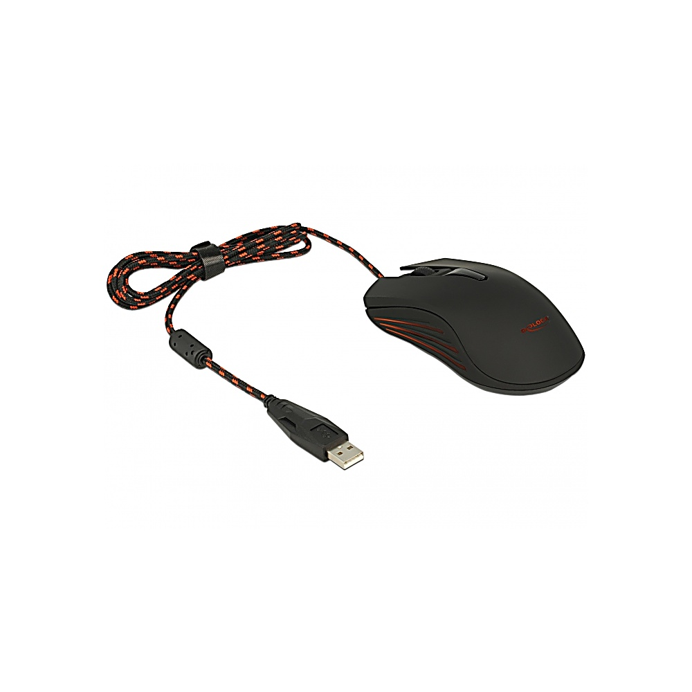 Mouse per computer nero con cavo intrecciato rosso e nero. Connettore USB collegato. Il mouse ha dettagli rossi.