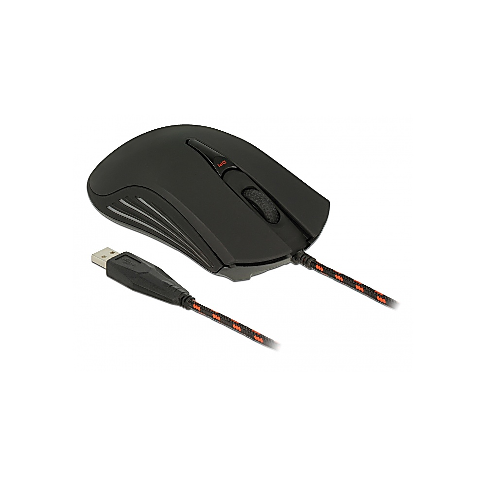 Mouse per computer nero con cavo USB. Il cavo ha un motivo rosso e nero. Il mouse è su sfondo bianco.