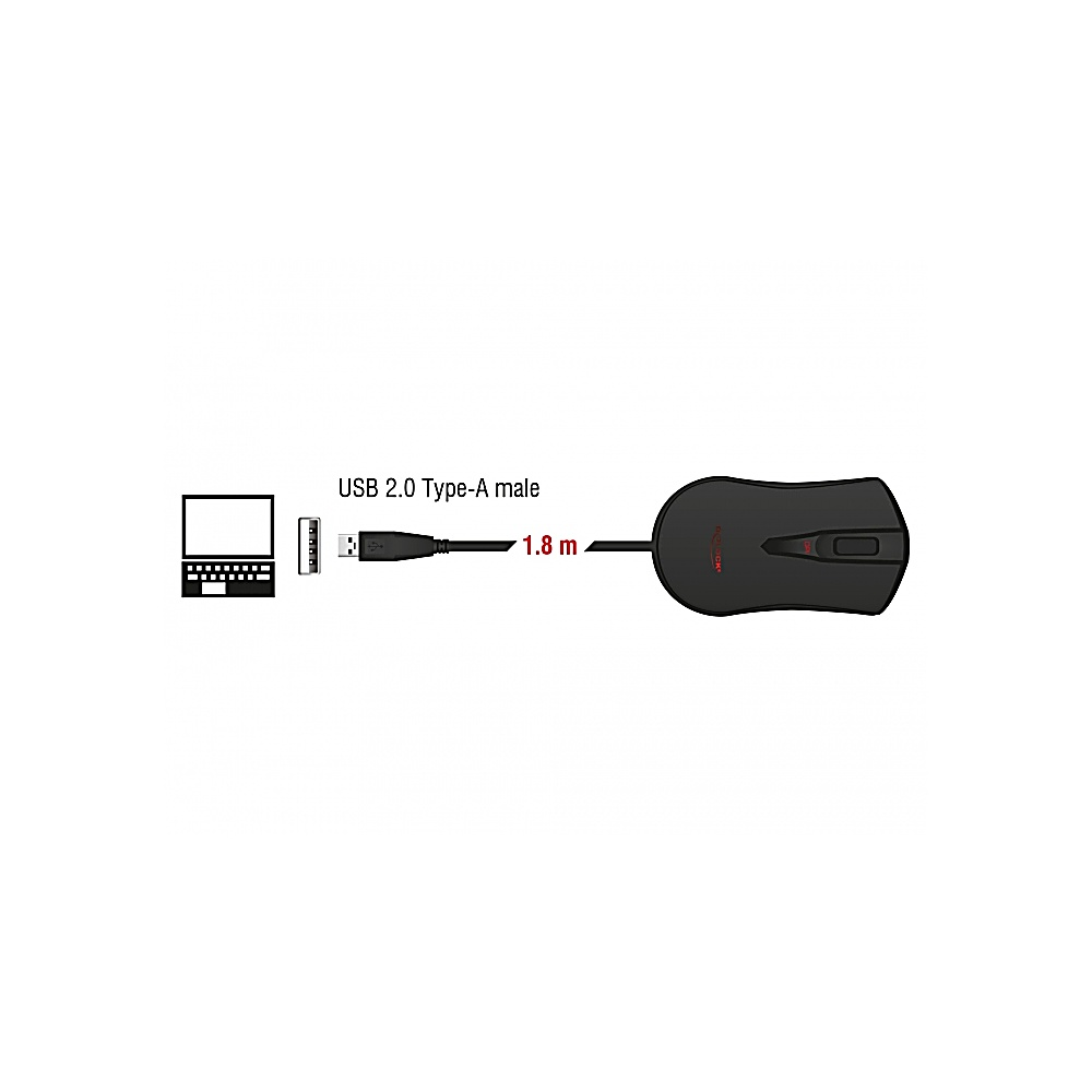 Un mouse nero collegato a un laptop tramite un cavo USB, il cavo è lungo 1,8 m. Il mouse ha dettagli rossi.