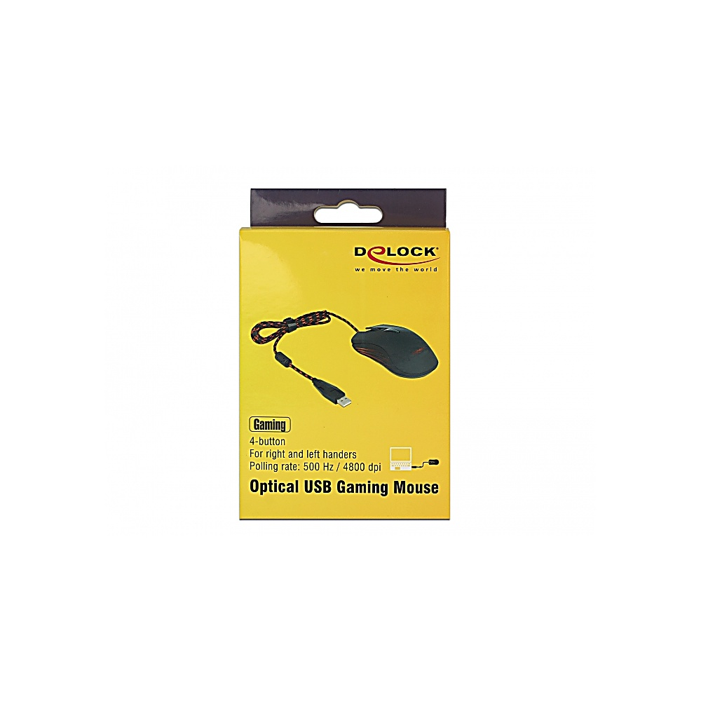Scatola con un mouse da gioco. Sfondo giallo, mouse nero con cavo rosso e nero. Testo: Optical USB Gaming Mouse.