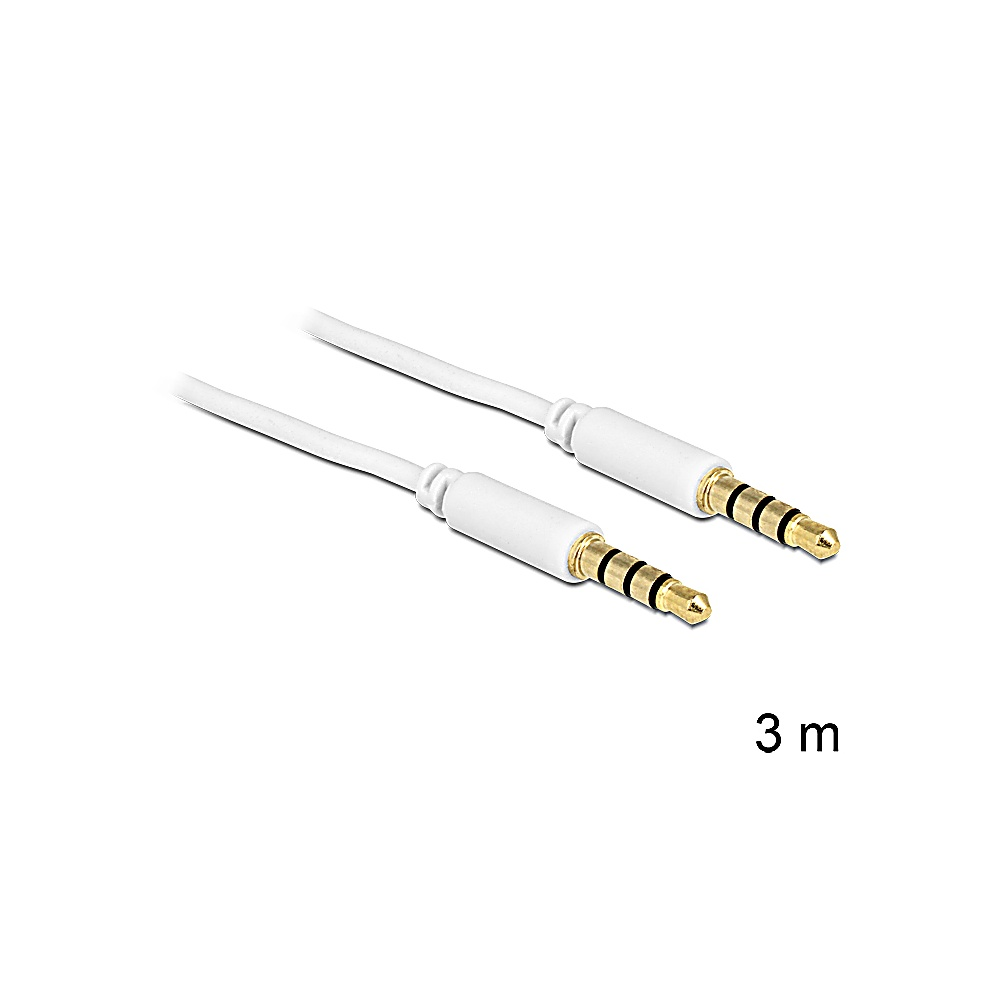 Due cavi audio bianchi con connettori placcati oro. I cavi sono su una superficie bianca. Il testo '3 m' è visibile.
