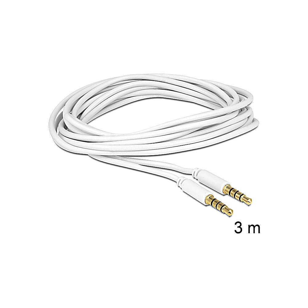 Un cavo audio bianco con connettori placcati oro. È arrotolato e lungo 3 metri.