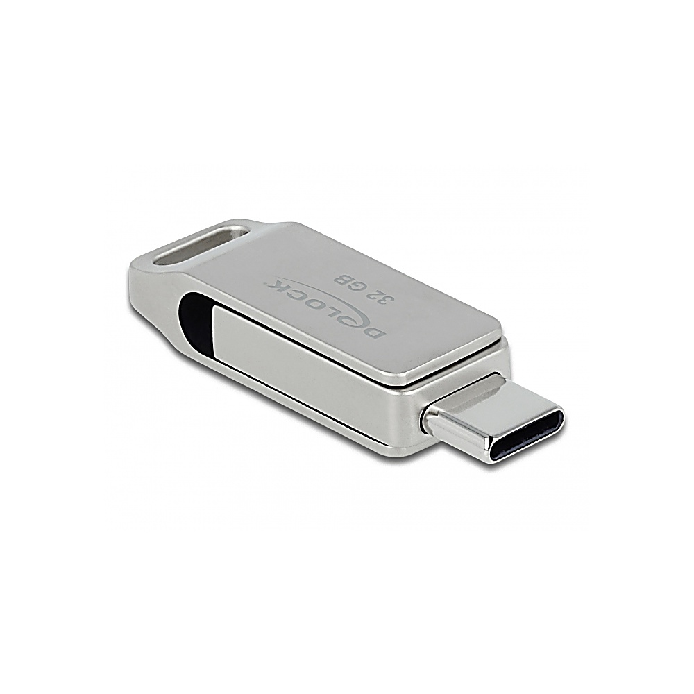 Srebrny pendrive USB-C z napisem "D-LOCK 32 GB". Znajduje się na białym tle, ma prostokątny kształt i pętlę.