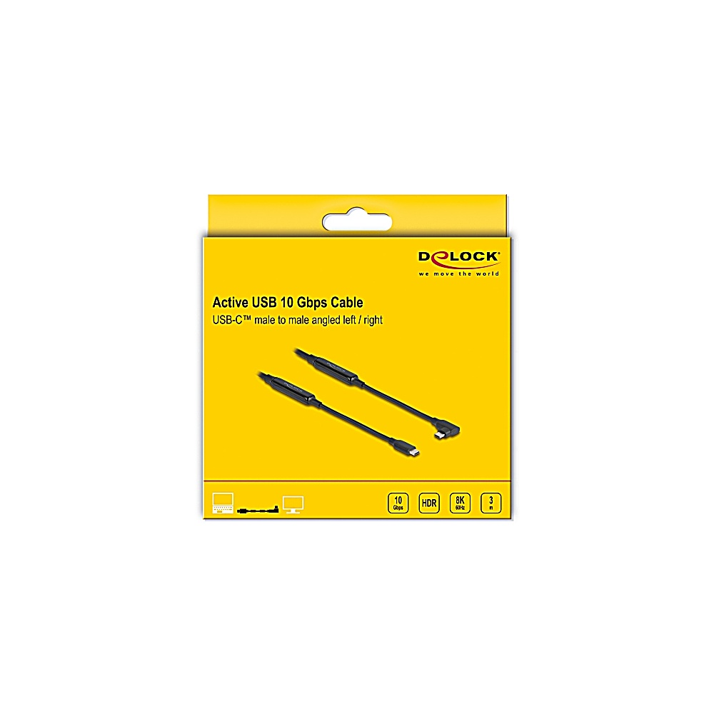 Scatola gialla con cavo USB nero, nome del prodotto Active USB 10 Gbps Cable. Marchio: Delock.