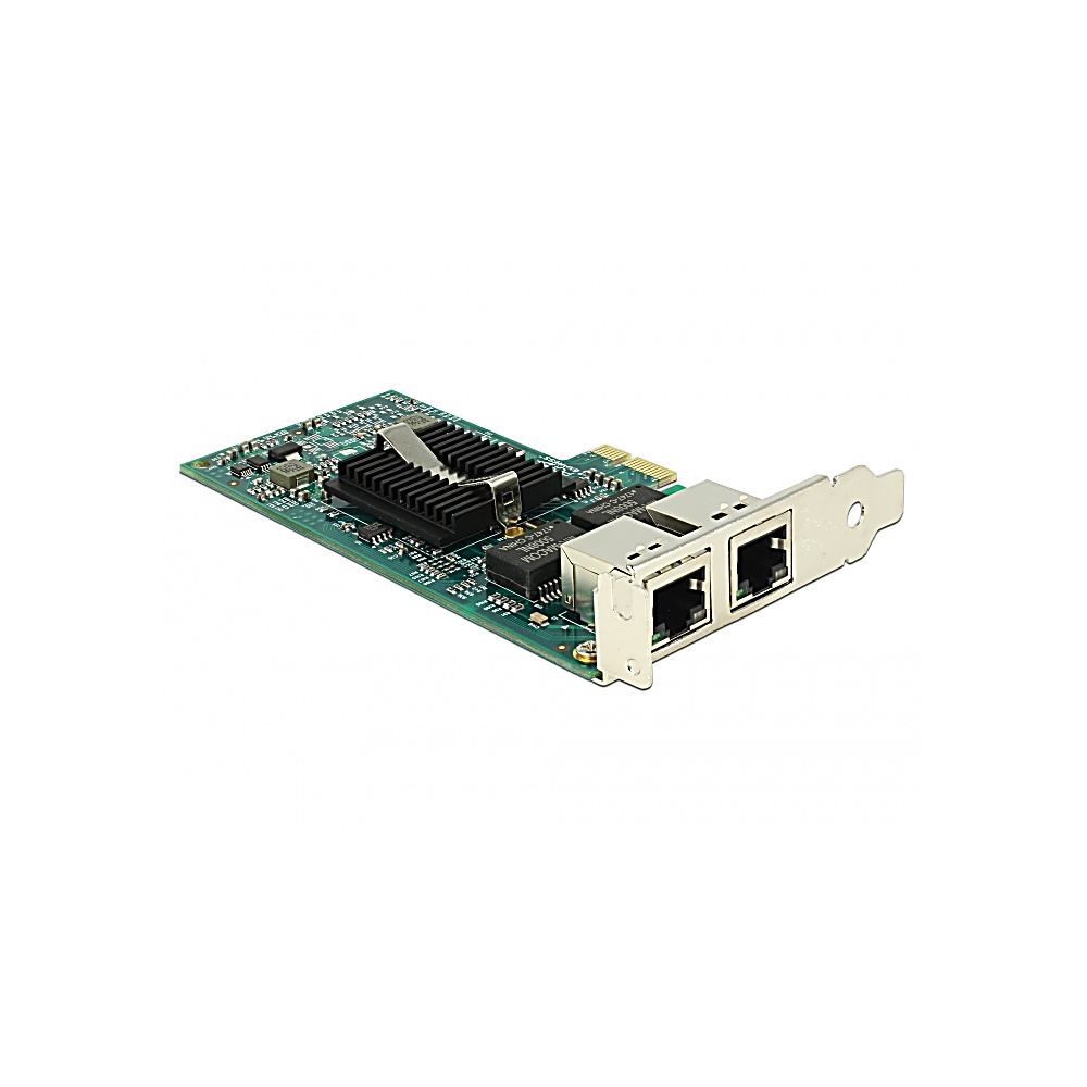 Scheda di rete con due porte Ethernet, dissipatore di calore nero e circuito stampato verde. Staffa metallica argentata per il montaggio.