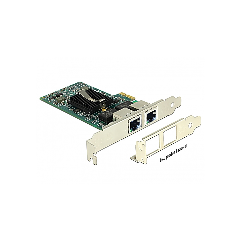 Scheda di rete con due porte Ethernet, un dissipatore di calore nero e una staffa a basso profilo separata, su sfondo bianco.