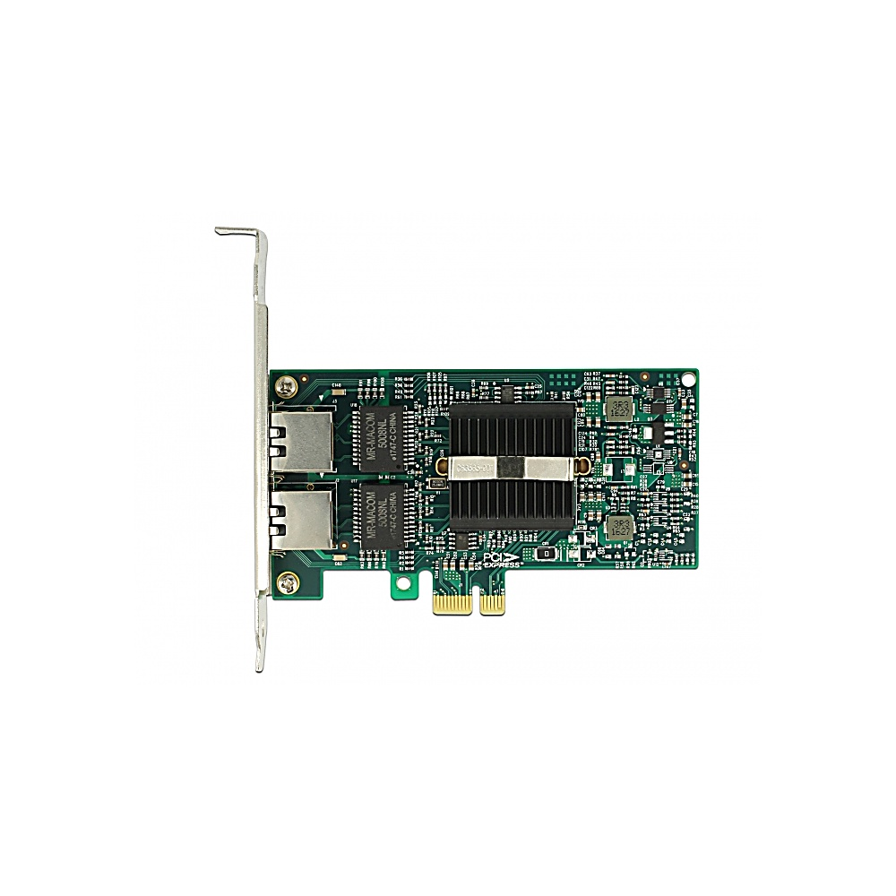 Un circuito stampato verde con chip, un dissipatore di calore e connettori. È una scheda di rete su sfondo bianco.