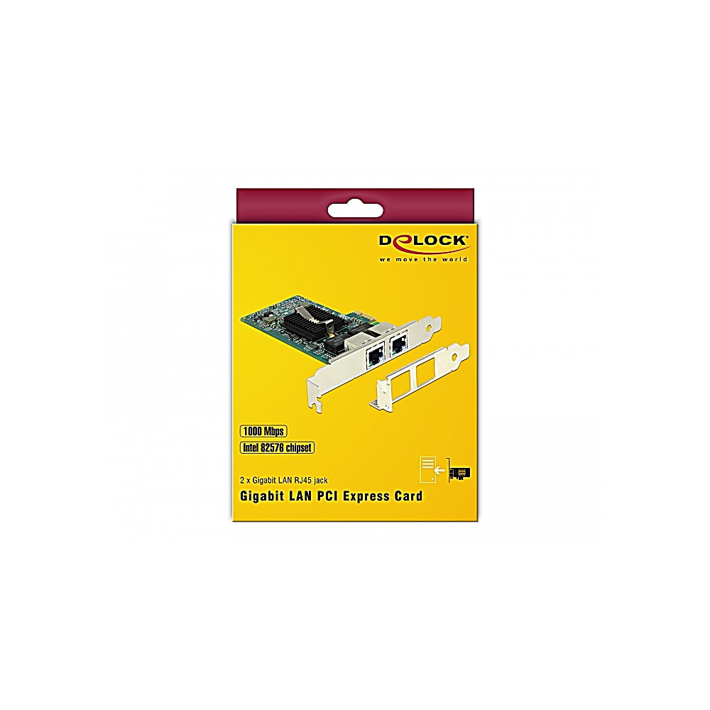 Una scheda Gigabit LAN PCI Express su sfondo giallo. La scheda è argento e verde con il marchio 'DeLock'.