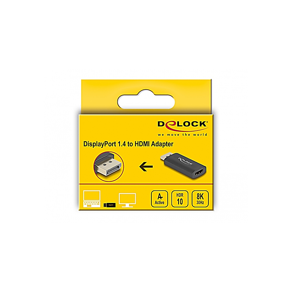 Żółte opakowanie z adapterem DisplayPort 1.4 do HDMI. Opakowanie pokazuje adapter i funkcje takie jak HDR i obsługa 8K.