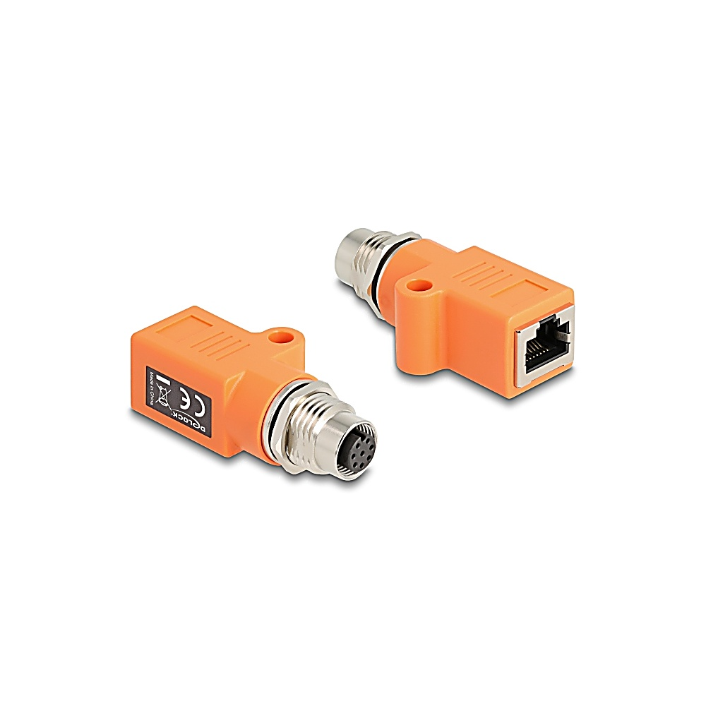 Due connettori arancioni con estremità metalliche. Uno ha una porta Ethernet, l'altro un connettore a pin. Sfondo bianco.