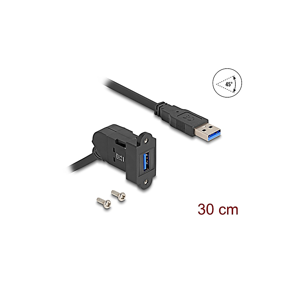 Porta USB 3.0 nera con cavo e viti su bianco. Icona angolo 45 gradi in alto a destra. Testo '30 cm' sotto la porta.
