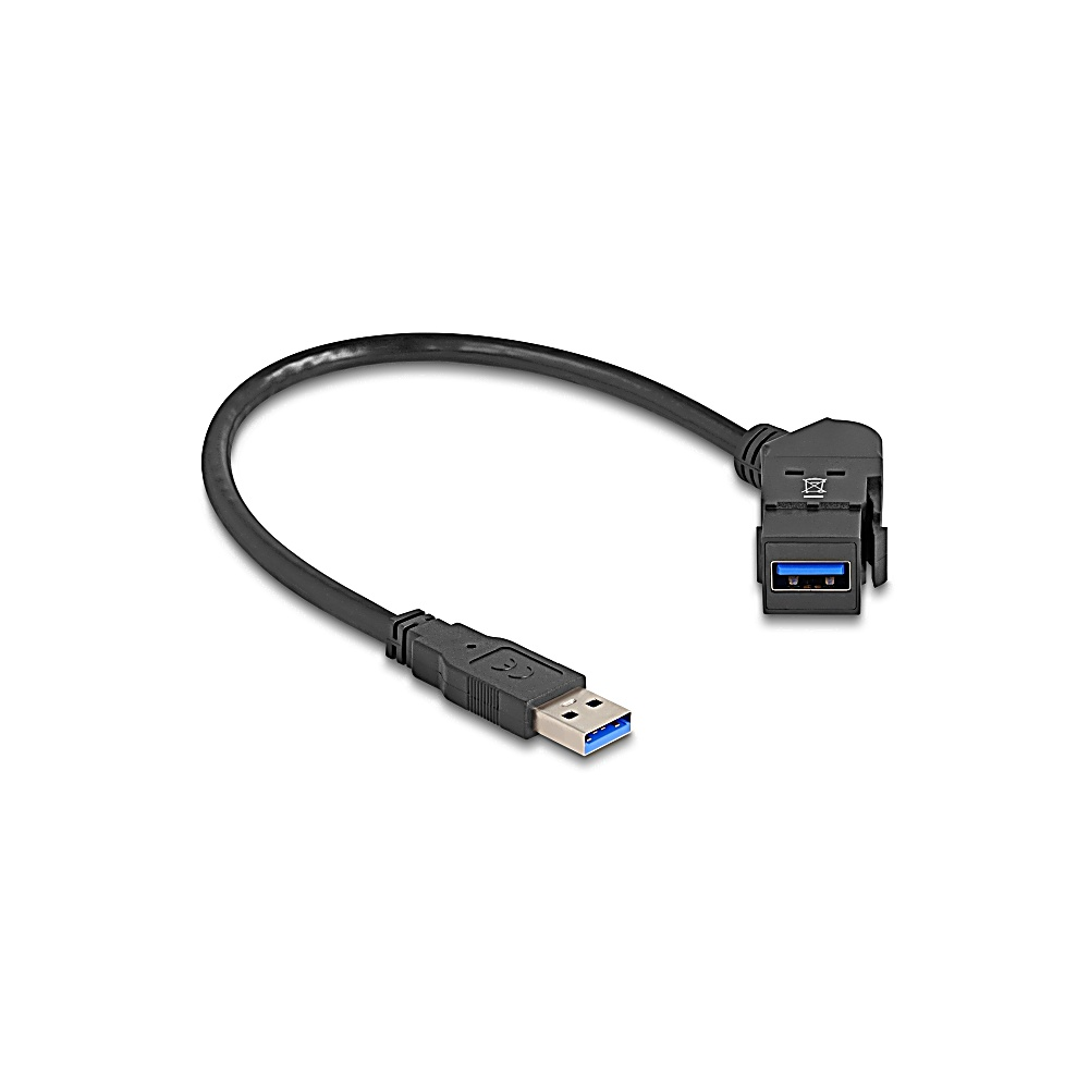 Cavo USB nero con connettore e porta USB-A. La porta ha un interno blu. Sfondo bianco.