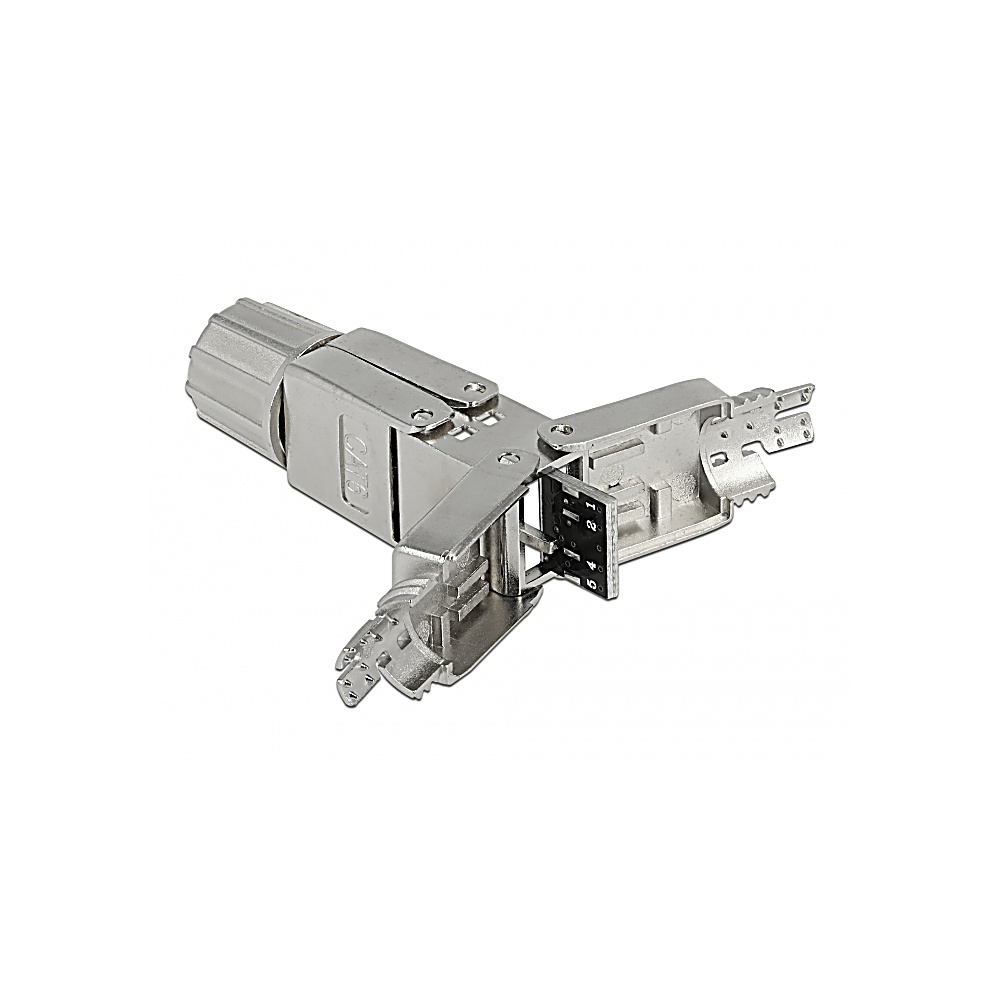 Un conector metálico plateado con un extremo cilíndrico y una sección en ángulo recto. Tiene múltiples puntos de conexión y una placa de circuito negra.