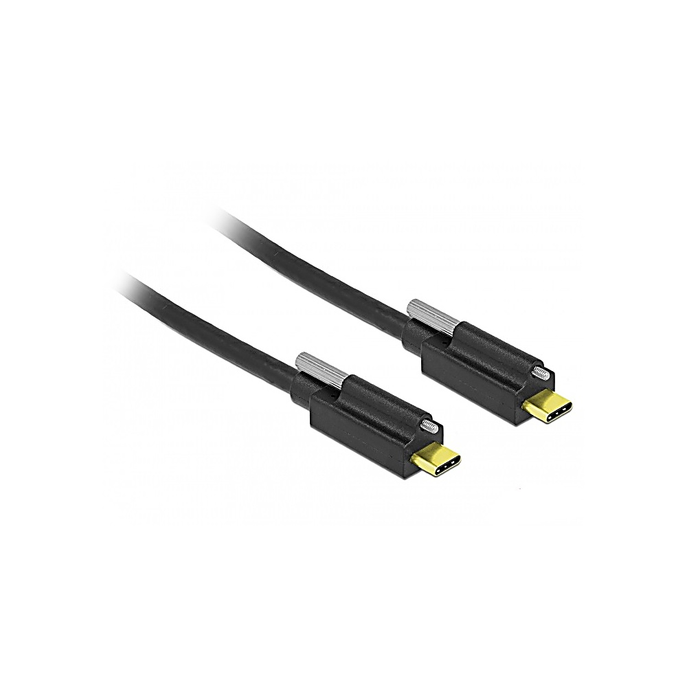 Due cavi USB-C neri con connettori dorati su sfondo bianco. I cavi sono angolati e leggermente sovrapposti.
