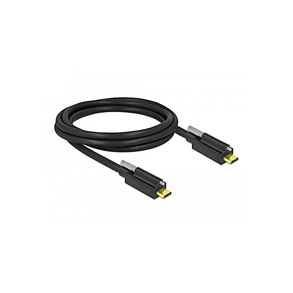 Un cavo USB-C nero avvolto ad anello. Il cavo ha due connettori con dettagli argento e oro, su sfondo bianco.