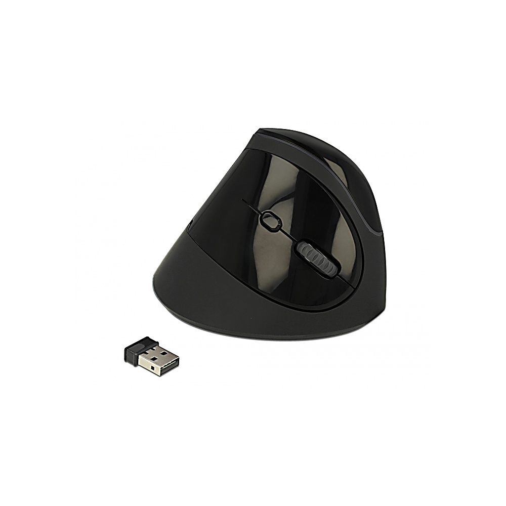 Un mouse verticale ergonomico nero con ricevitore USB su sfondo bianco. Il mouse ha una rotella e dei pulsanti.