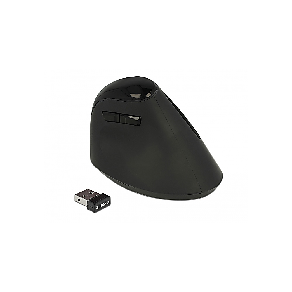 Un mouse ergonomico nero con un piccolo ricevitore USB. Il mouse è su sfondo bianco. Il ricevitore è etichettato 2,4 GHz.