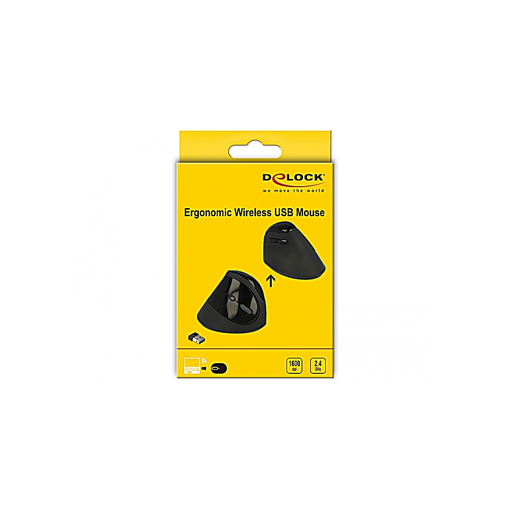 Una scatola gialla con un mouse USB wireless ergonomico. La scatola ha un grafico del mouse e le parole 'Mouse USB wireless ergonomico'.